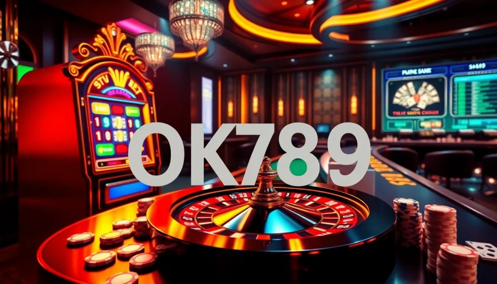 OK789 slot machine and online interface showcasing luxurious gambling experience.