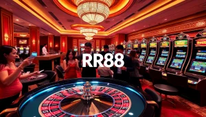 RR88 players enjoying a thrilling casino experience with roulette and slot machines.
