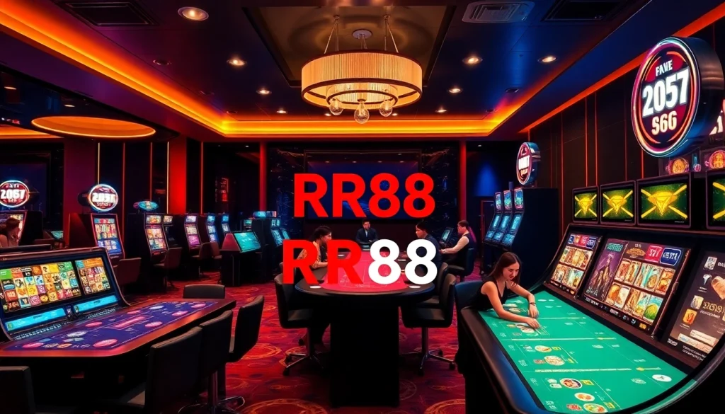 Vibrant interior of Nhà cái RR88 casino with players at gaming tables and slot machines.