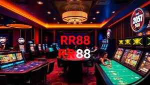Vibrant interior of Nhà cái RR88 casino with players at gaming tables and slot machines.