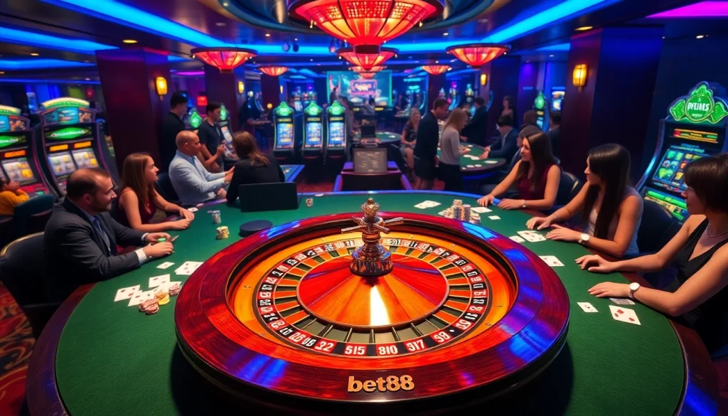 Experience the thrill of gambling at Bet88 with a luxurious casino setting showcasing roulette, poker, and slot games.