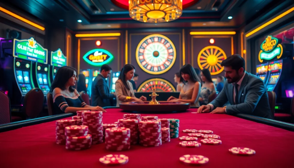 Exciting gameplay at a luxurious casino table, showcasing gk88 poker chips amidst vibrant cards.
