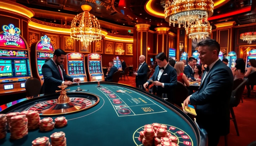 Excited players enjoying various games at nohu90 casino with vibrant slot machines and poker tables.