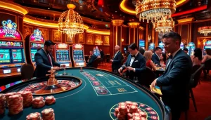 Excited players enjoying various games at nohu90 casino with vibrant slot machines and poker tables.