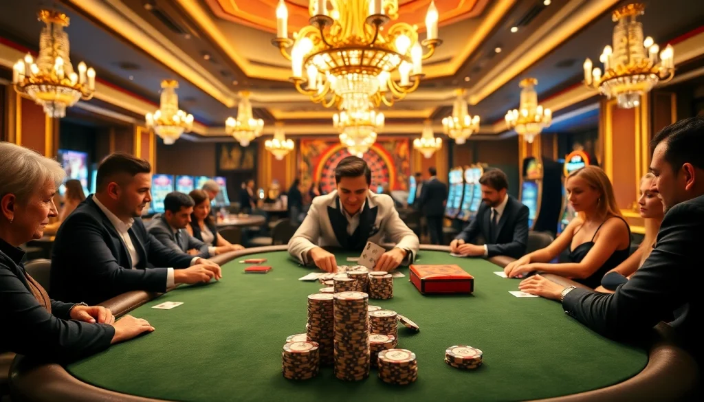 Tác giả RIKVIP inspires excitement at a luxury poker table in a vibrant casino.