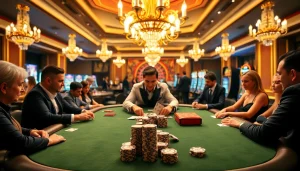 Tác giả RIKVIP inspires excitement at a luxury poker table in a vibrant casino.