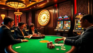 High-stakes gaming scene featuring poker enthusiasts engaging at a casino table, highlighting credit ifn options for online services.