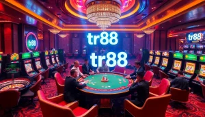 Players enjoying high-stakes games at TR88 casino tables filled with colorful gambling elements.