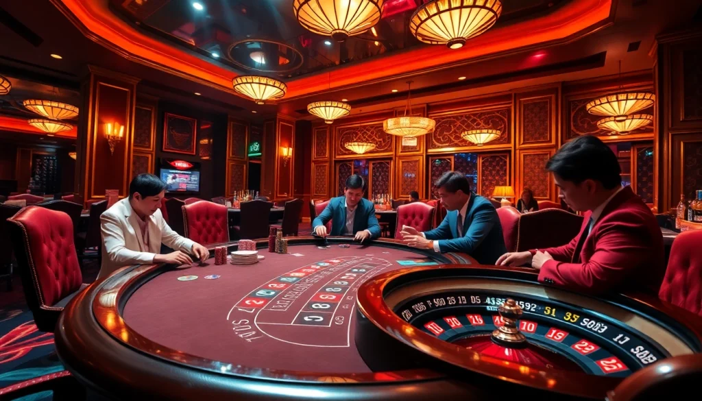 Excited players gather around a high-stakes poker table at F168, showcasing vibrant casino dynamics.