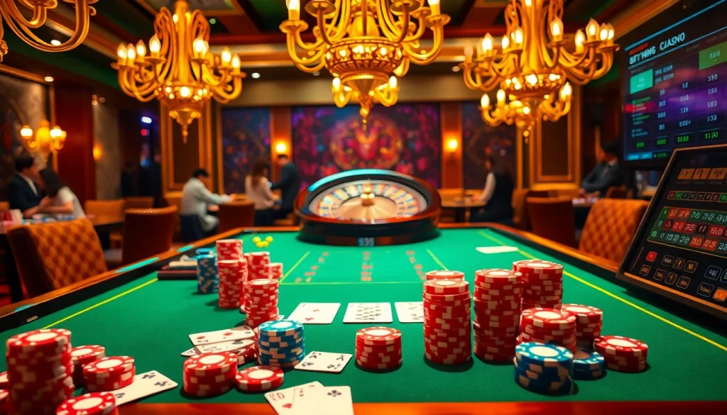 Experience the thrill of 6L777 at a luxurious casino table with vibrant cards, chips, and roulette.