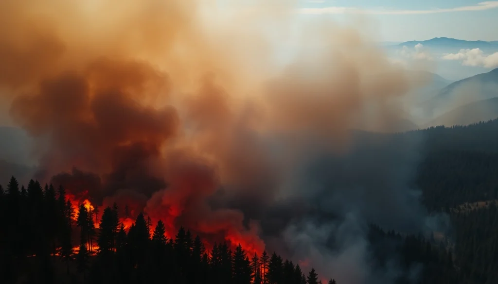 Wildfire events raging through a forest, highlighting flames and thick smoke.