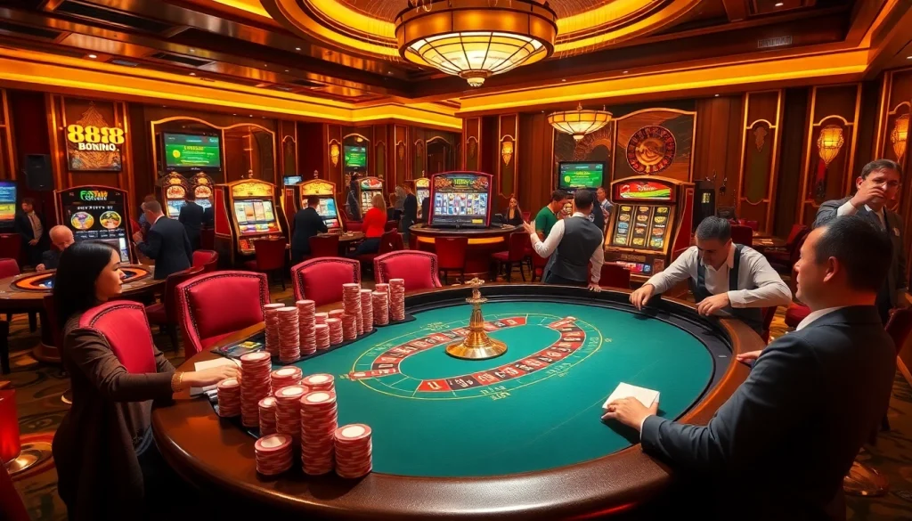 Experience the thrill of 888new Khuyến mãi at a lively casino with players betting at tables.