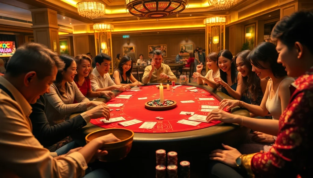 Xóc Đĩa game action with players betting at a vibrant casino table.