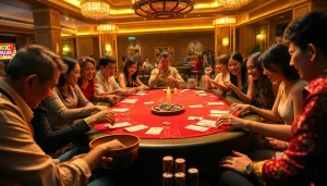Xóc Đĩa game action with players betting at a vibrant casino table.