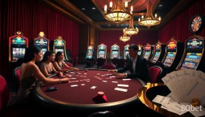 Experience the excitement of 8qbet at a luxurious casino with poker tables and vibrant slot machines.