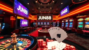 Enhance your gambling adventure at https://jun88pl.com/ with a luxurious casino scene showcasing excitement and professionalism.
