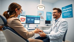 Affordable mouthpiece orthodontics consultation in a modern dental clinic, highlighting professionalism and care.