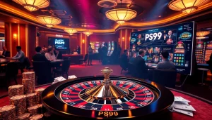 Experience the thrill of PS99 in a luxurious casino setting with roulette, poker chips, and players.