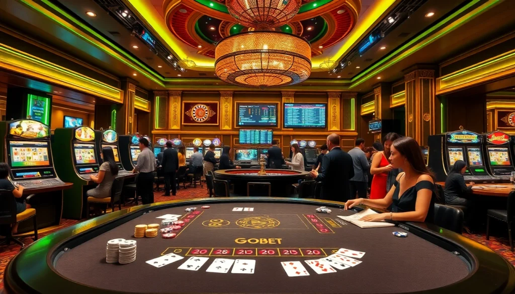 Experience the excitement of GO8 BET with dynamic casino visuals featuring vibrant gambling activities and luxurious gaming tables.