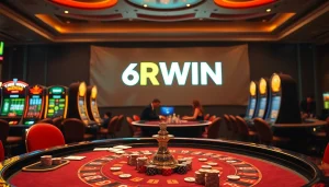 6RWIN casino scene showcasing a high-stakes poker table and vibrant slot machines.
