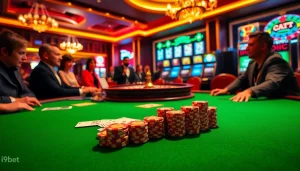 Action-packed gaming scene at i9bet casino showcasing poker chips and roulette wheel.