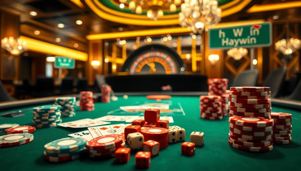 Experience high-stakes excitement at hay.win with luxury casino poker tables filled with chips and cards.