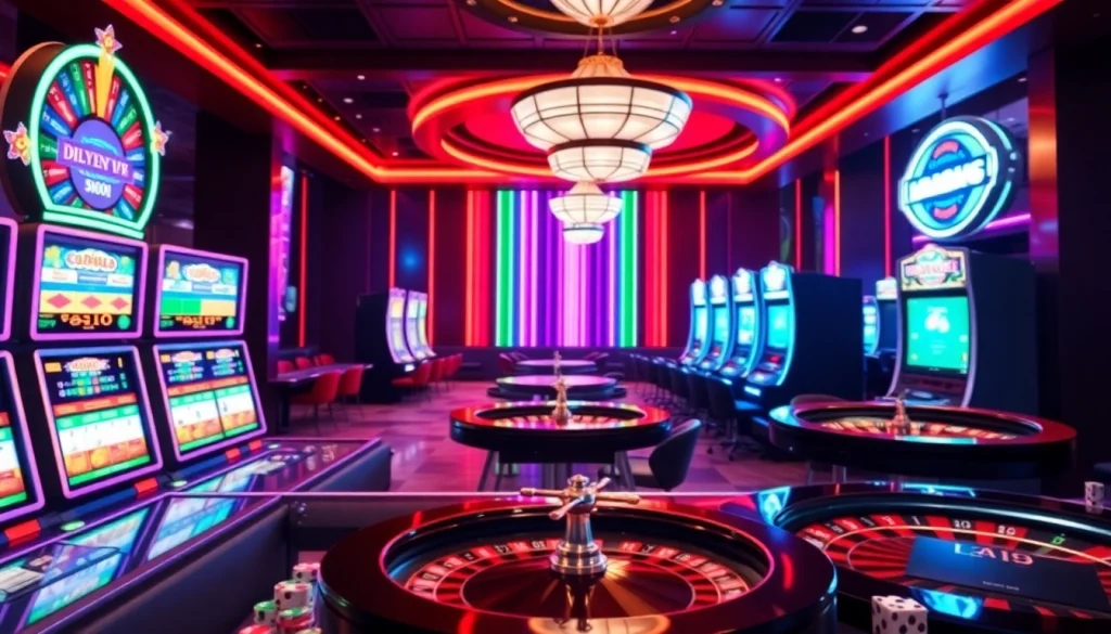Experience the thrill of nohu90 com with vibrant casino visuals featuring slot machines and poker chips.