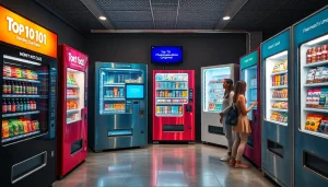 Vibrant showcase of top 10 vending machine companies with innovative designs and customer interactions.