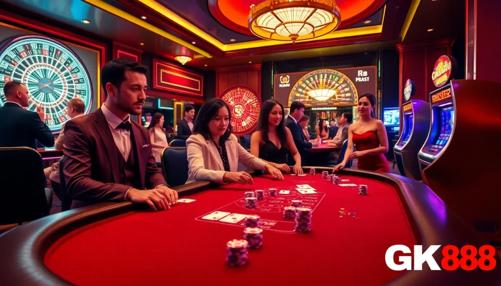 Engaging gamblers at the GK88-inspired casino table in a thrilling gaming atmosphere.