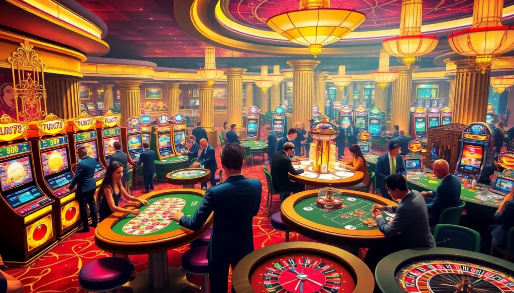 Engaged players at FUN79 casino excitement-filled gaming experience with vibrant tables and machines.