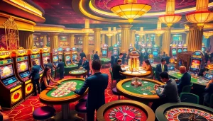 Engaged players at FUN79 casino excitement-filled gaming experience with vibrant tables and machines.