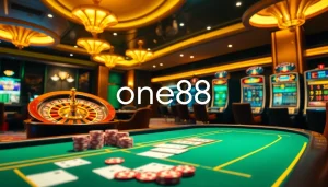 Experience the thrill of gaming at one88 with an elegant casino setup featuring poker tables and slot machines.