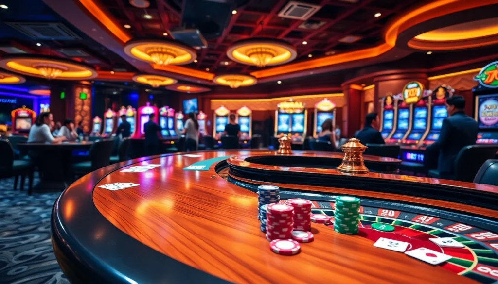 Experience the thrill of casino gaming with 789bet's vibrant gaming atmosphere featuring roulette and poker tables.