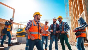 Engaged professionals working together in their careers in construction on-site, showcasing teamwork.