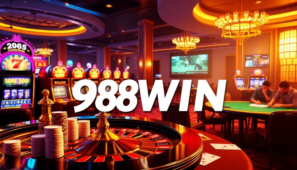 Experience the thrill of 98WIN with vibrant casino tables and players engaging in high-stakes games.