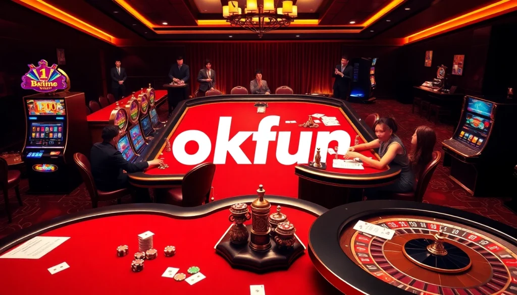 Engage in thrilling action with đăng nhập okfun at the luxurious casino, featuring vibrant gaming tables and slot machines.