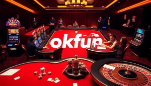 Engage in thrilling action with đăng nhập okfun at the luxurious casino, featuring vibrant gaming tables and slot machines.