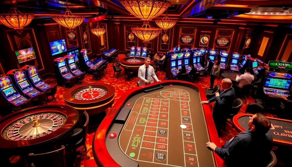 A professional dealer welcomes players to the luxurious 98win casino gaming floor with vibrant slots and tables.