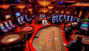 A professional dealer welcomes players to the luxurious 98win casino gaming floor with vibrant slots and tables.