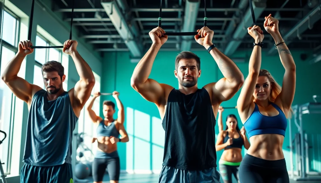 Fitness enthusiasts using assisted pull-up bands in a modern gym environment, showcasing strength and vitality.