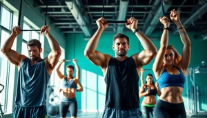 Fitness enthusiasts using assisted pull-up bands in a modern gym environment, showcasing strength and vitality.