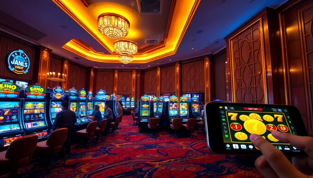 Players enjoying vibrant slot online games in a luxurious casino atmosphere.