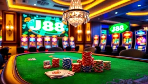 Experience the thrill of J88 casino gameplay with vibrant chips and elegant tables.