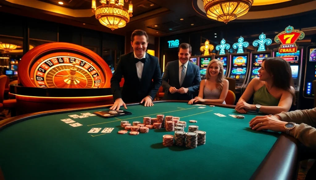 Exciting gaming action at TR88 with players at a vibrant poker table and roulette wheel.