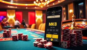 Experience the thrill of betting with MK8 in a luxurious casino setting, featuring vibrant gaming tables and rich details.