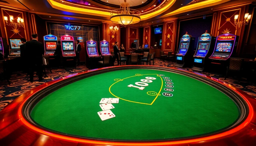 Players engaging in high-stakes poker at 7C77 online casino with vibrant gaming elements.