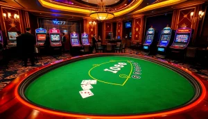 Players engaging in high-stakes poker at 7C77 online casino with vibrant gaming elements.