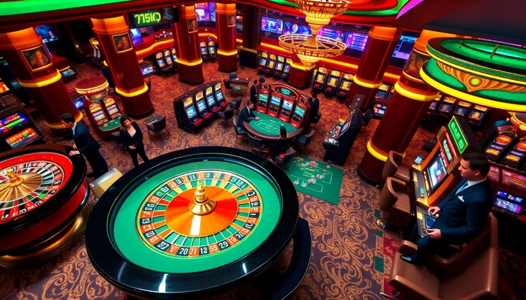 Gambling excitement at 789win casino with vibrant poker tables and spinning roulette wheels.