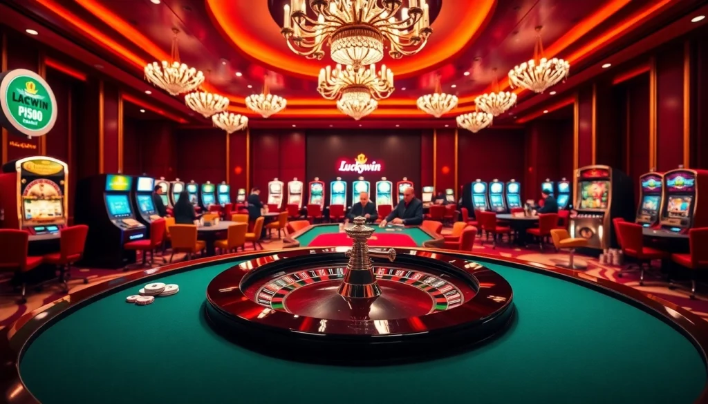 Experience the excitement of gambling at Luckywin's luxurious casino with vibrant gaming tables.