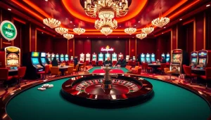 Experience the excitement of gambling at Luckywin's luxurious casino with vibrant gaming tables.